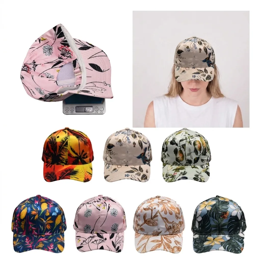 Hawaiian Floral Print Baseball Cap Cotton Polyester Satin Finish Tropical Palm Leaf Sun Hat Outdoor Adjustable