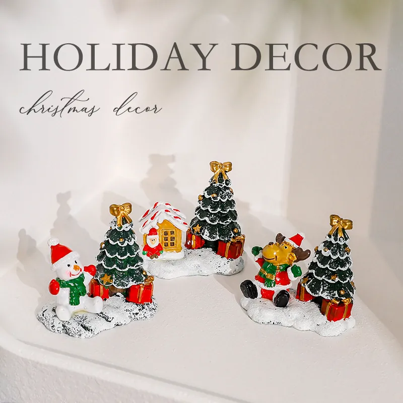 Christmas Tree Mini Ornaments Resin Figurine Santa Snowman Reindeer Desktop Holiday Decoration Miniature Festive Landscape