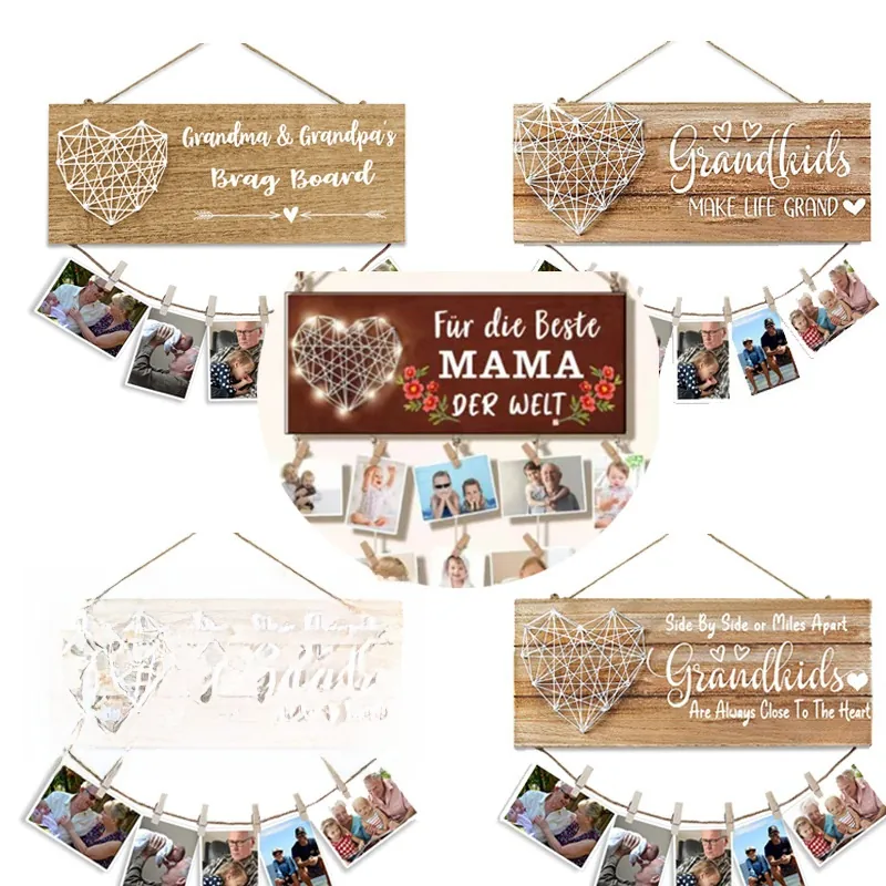 Rustikales MDF-Foto-Display Brag Board mit Herz-Fadenkunst Wanddeko mit Holzclips für Enkelkinder Familien-Erinnerungen