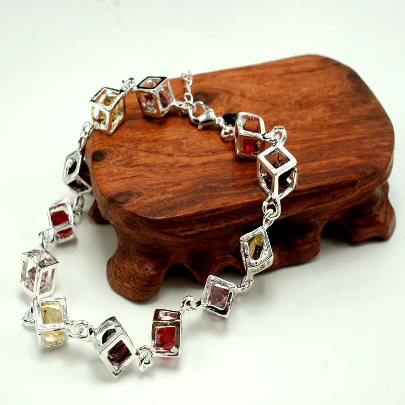 Bracciale Geometrico Cubo Di Rubik Rame Placcato Argento Quadrato Cavo Zirconia Cubica Colorata Moda Per Uomo Donna