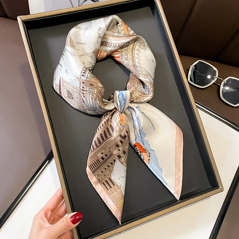 Elegant Mulberry Satin Square Scarf Women French Retro City Architecture Print Neck Kerchief Head Wrap Hair Band