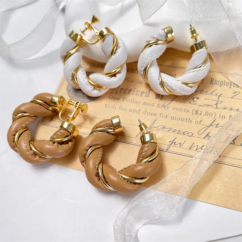Woven Leather Wrapped C-Shape Hoop Earrings Vintage Metallic Twisted Brass Studs For Women