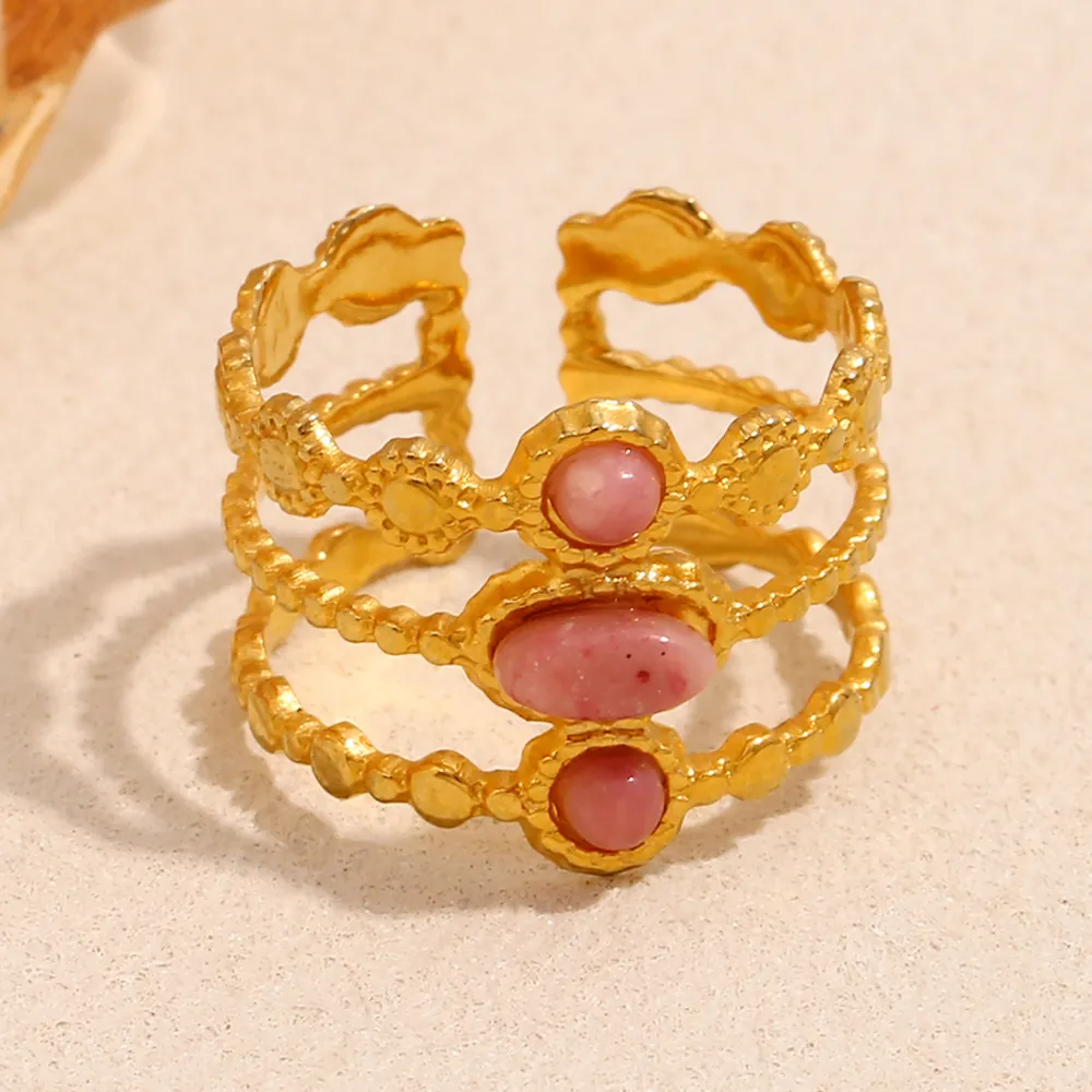 Vintage Dreilagiger Offener Ring 18K Vergoldeter Edelstahl Mit Rosa Steinen Französischer Stil Verstellbar Für Damen