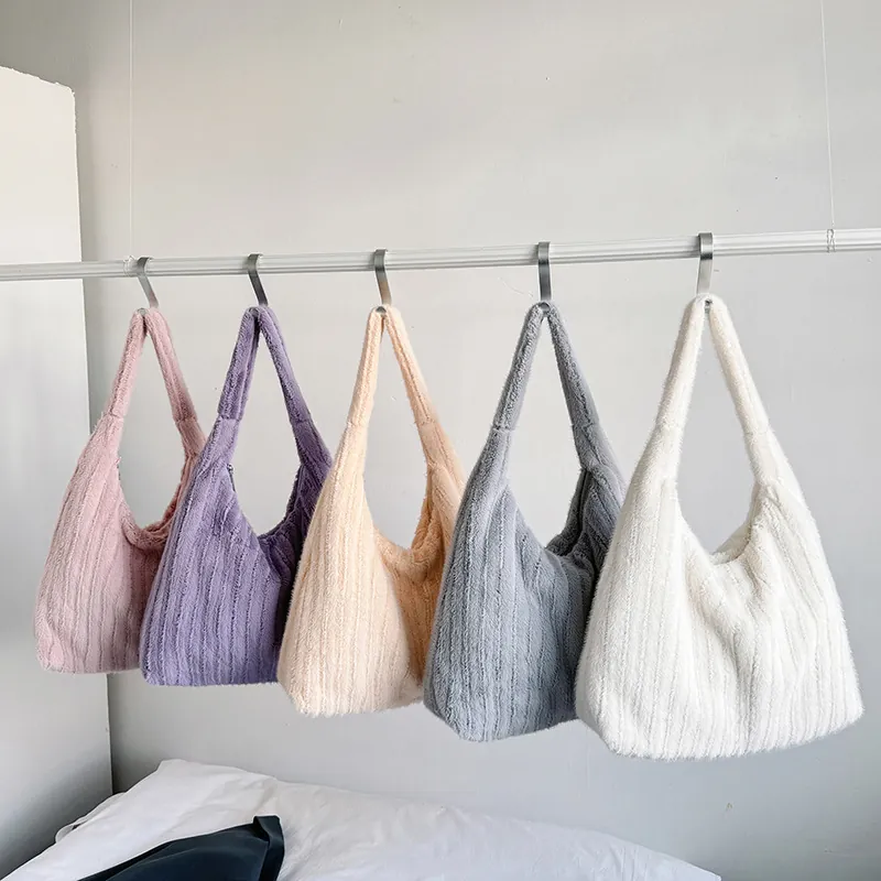Plush Tote Bag Faux Fur Large Capacity Shoulder Bag Ribbed Texture Soft Hobo Handbag Autumn Winter Fashion Women