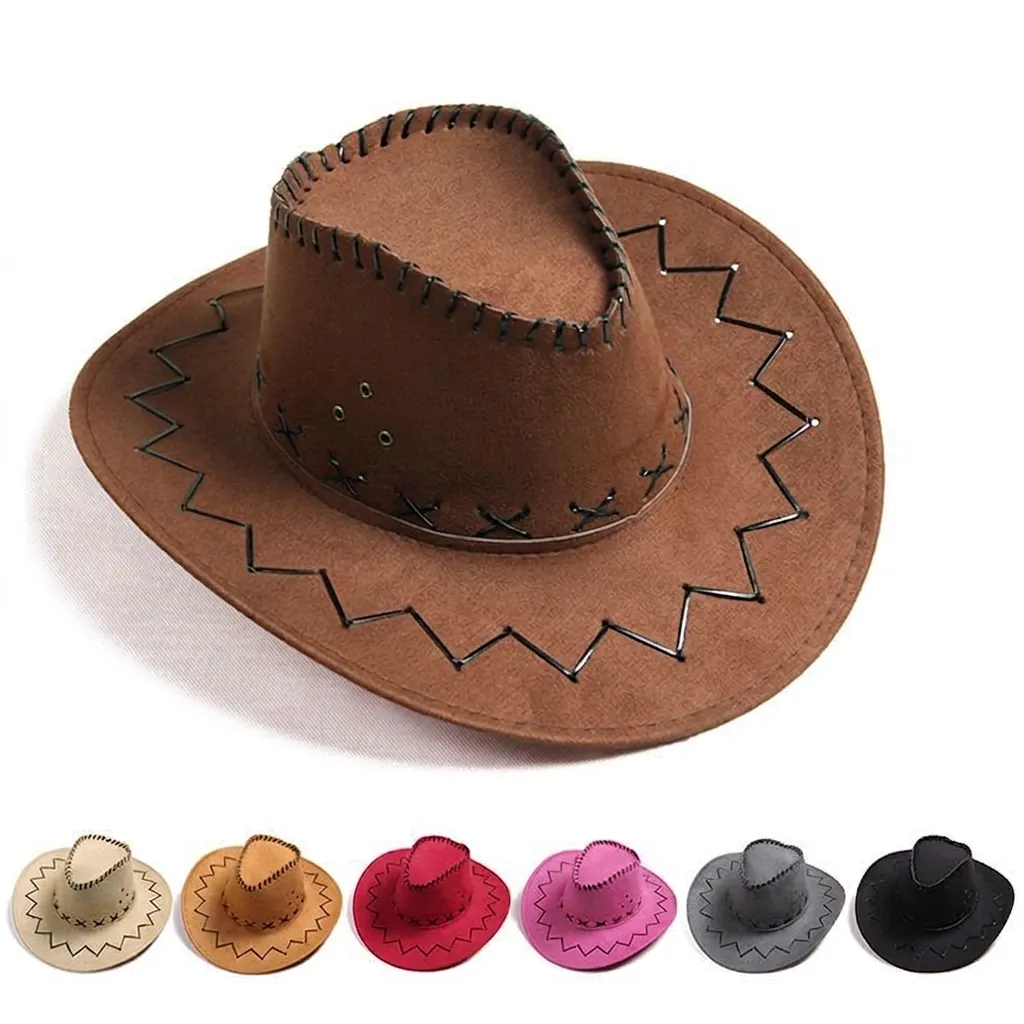 Western Cowboy Hat Faux Suede Wide Brim Adjustable Wind Rope Performance Sun Protection For Kids And Adults