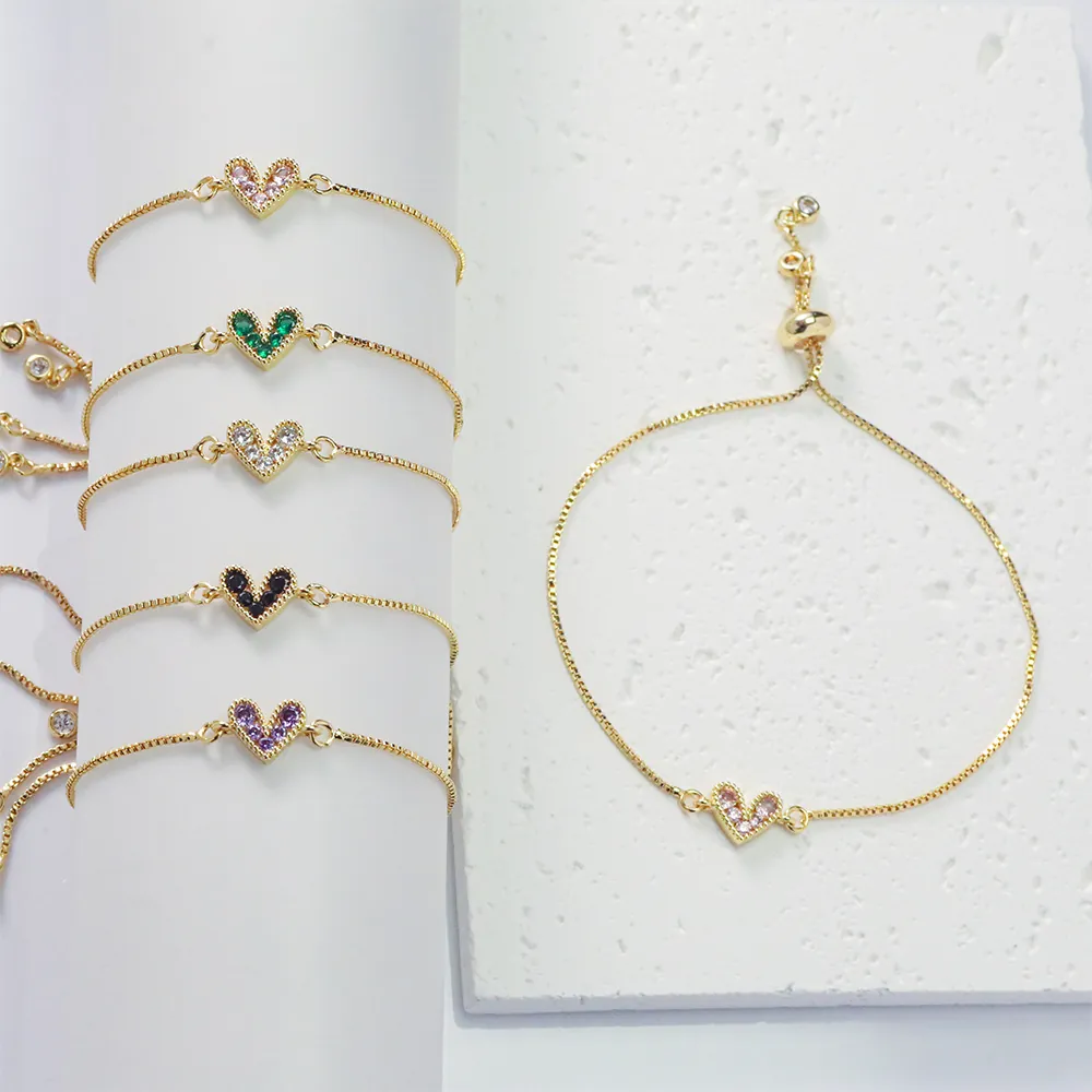 Heart Bracelet Copper Cubic Zirconia Gold Plated Adjustable Slider Clasp Box Chain For Women Jewelry Gift