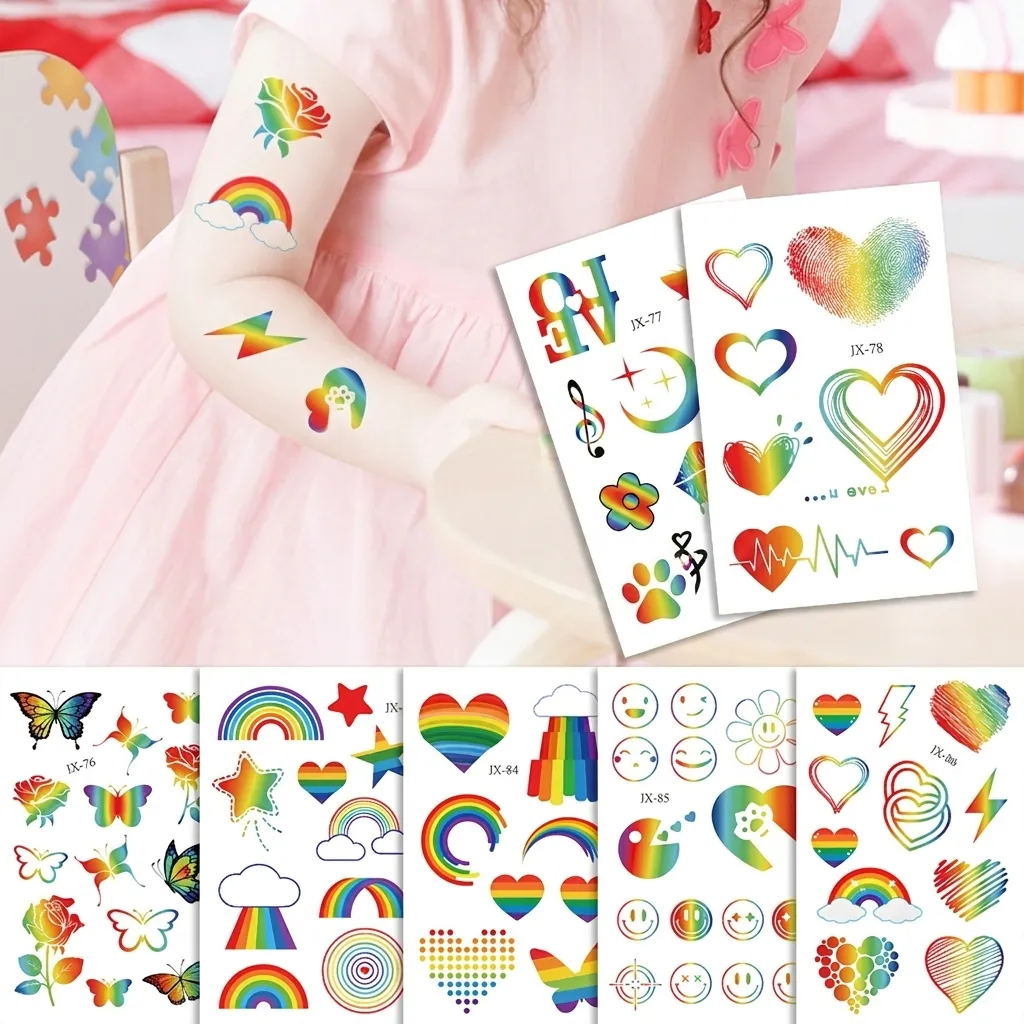 Autocollants De Tatouage Temporaire Paillettes Dégradé Arc-en-Ciel Imperméable Art Corporel Décoration De Visage Pour Enfants