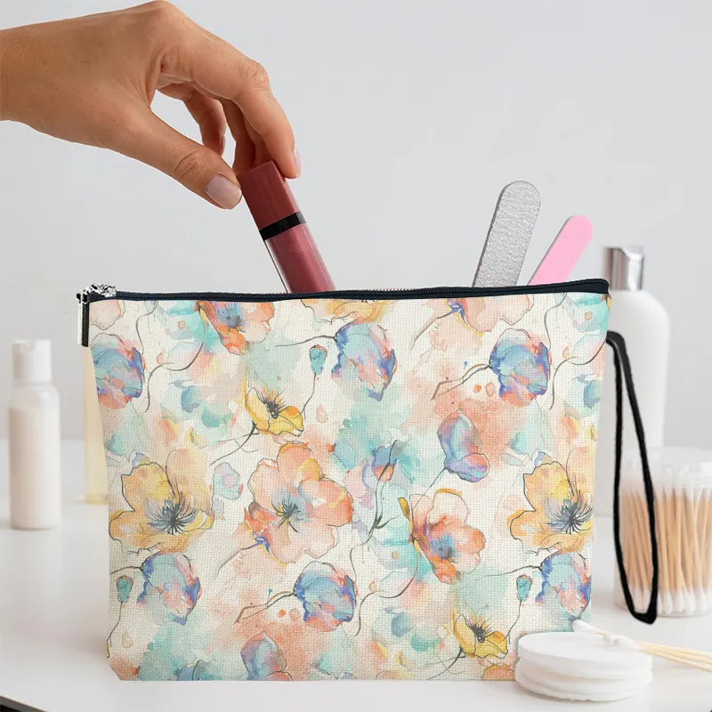 Floral Print Makeup Bag Linen Toiletry Pouch Portable Cosmetic Organizer With Zipper And Wrist Strap For Women Travel