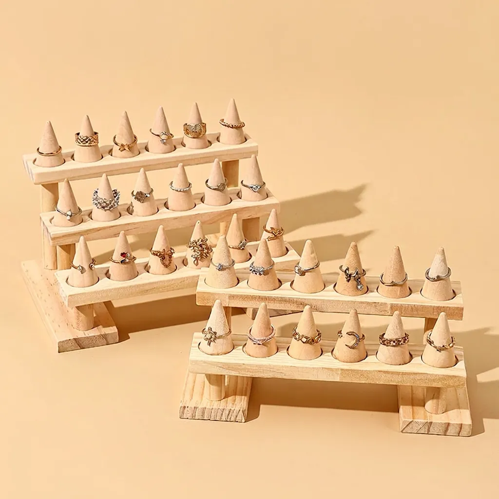 Solid Wood Ring Display Stand Multi Layer Stepped Jewelry Holder Conical Pegs Desktop Organizer Counter Showcases Natural Rustic