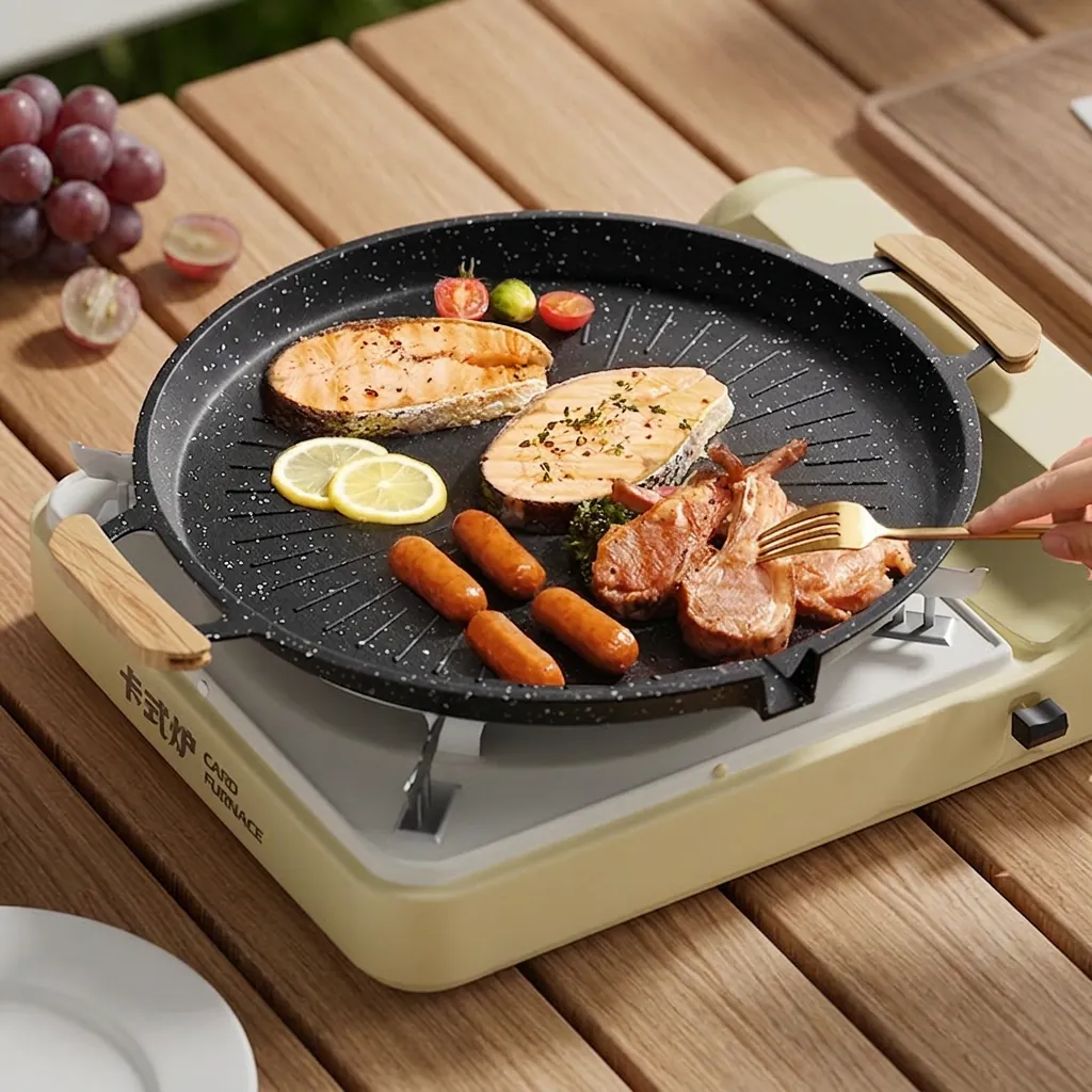 Korean Maifan Stone BBQ Grill Pan Non-Stick Aluminum Round Barbecue Tray With Oil Drain For Outdoor Camping Indoor Kitchen