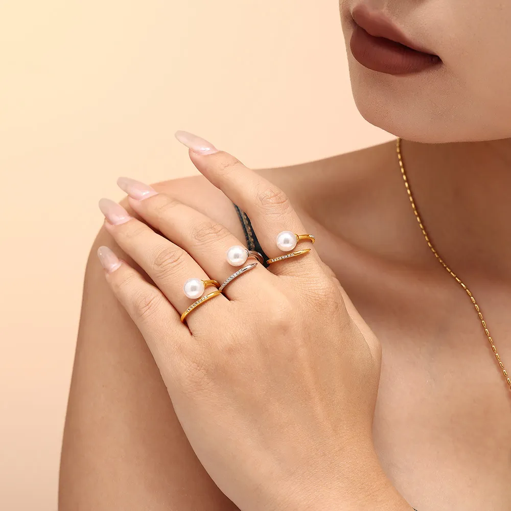 Titanium Steel Imitation Artificial Pearl Zircon Ring Open Adjustable Elegant Light Luxury Jewelry For Women