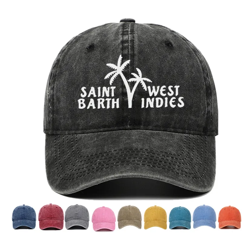 Washed Cotton Baseball Cap Retro Distressed Dad Hat With Palm Tree Embroidery Saint Barth West Indies Adjustable Sun Shade