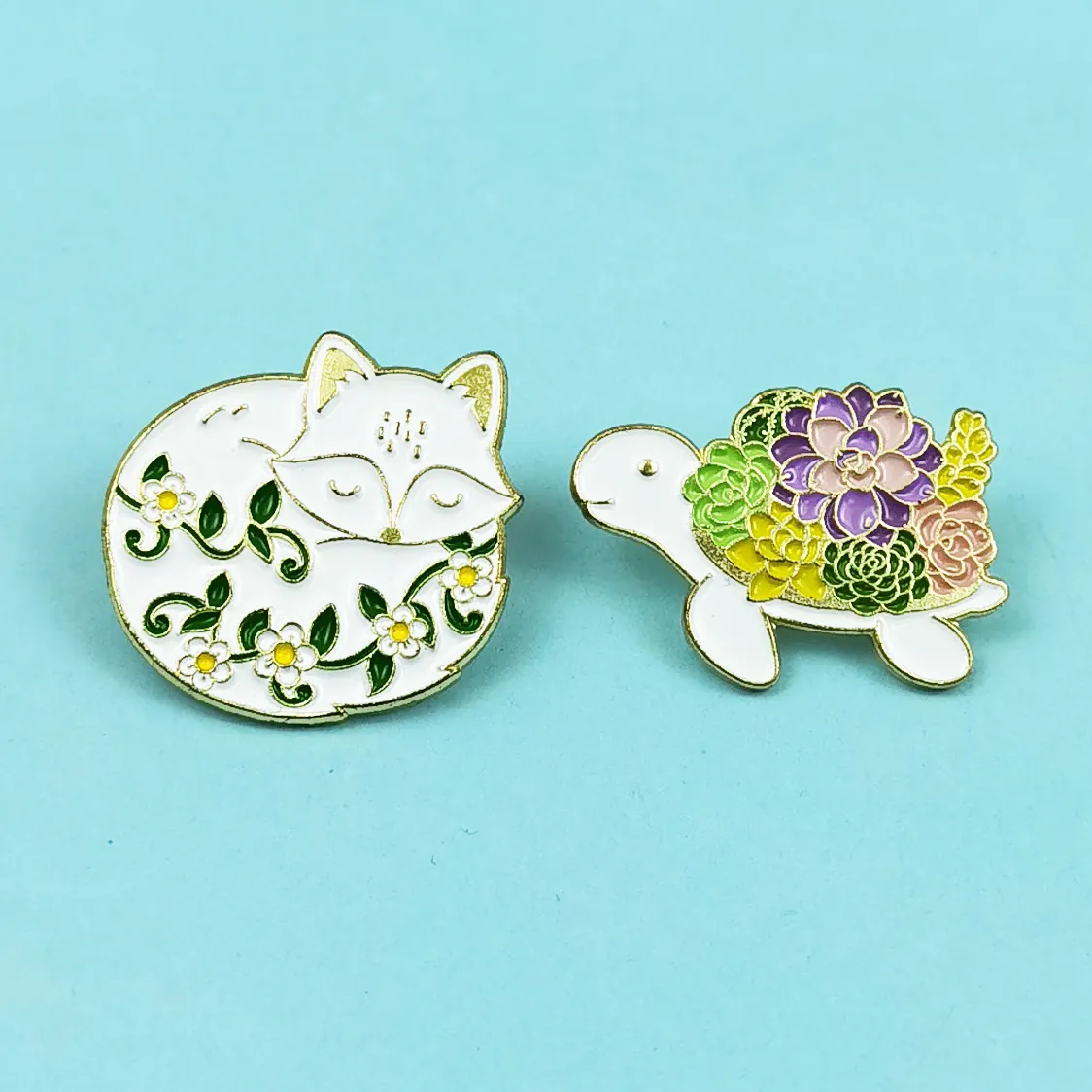 Cute Cartoon Animal Enamel Brooch Pin Zinc Alloy Fox Turtle Succulent Flower Pattern Creative Metal Badge Clothing Decor