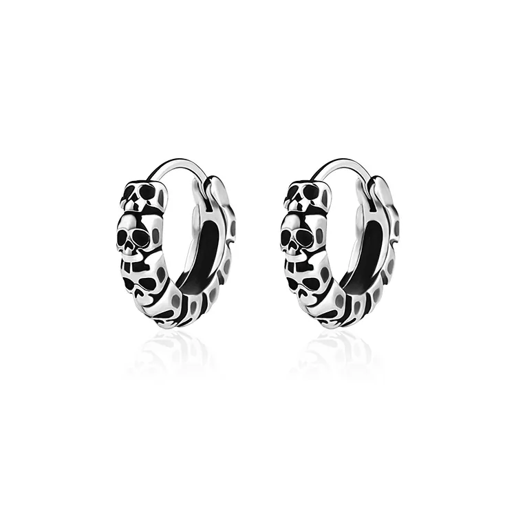 Punk Gothic Skull Hoop Earrings Stainless Steel Vintage Relief Pattern Streetwear Jewelry For Men Women