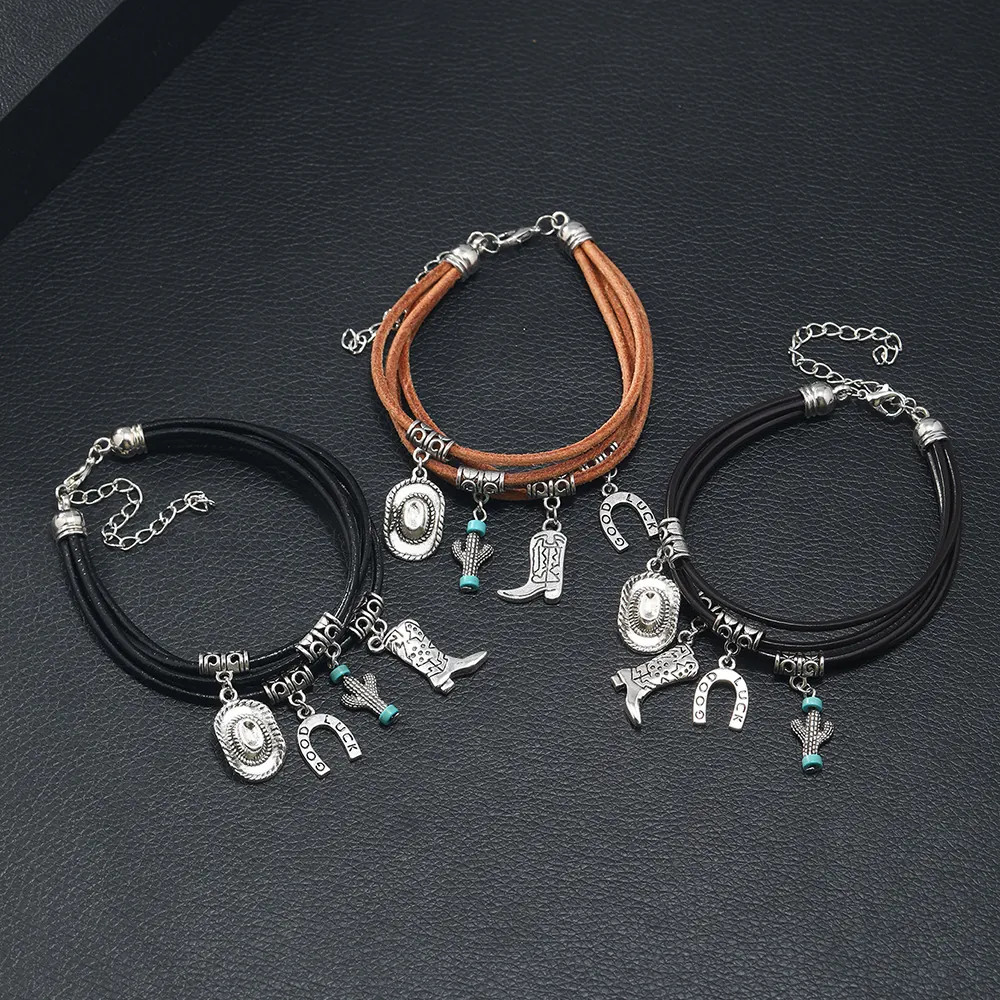Western Cowboy Multilayer Leather Bracelet Retro Alloy Charms Hat Boot Cactus Horseshoe Good Luck Jewelry For Men