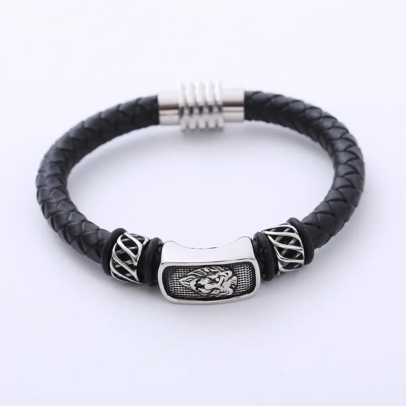 Bracciale In Pelle Intrecciata Con Testa Di Leone Acciaio Inossidabile 316L Chiusura Magnetica Stile Punk Retrò Per Uomo