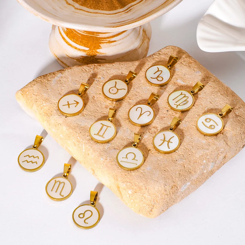 Pendentifs Signe Du Zodiaque Constellation Plaqués Or 18K Acier Inoxydable Coquille Blanche Breloques Rondes Fabrication Bijoux Pour Femmes
