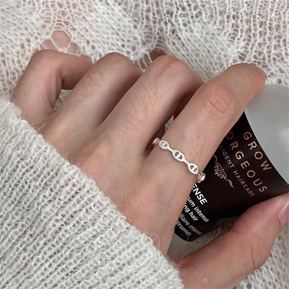 925 Sterling Silver Pig Nose Adjustable Open Ring For Women Minimalist Personalized Hollow Anchor Chain Finger Jewelry