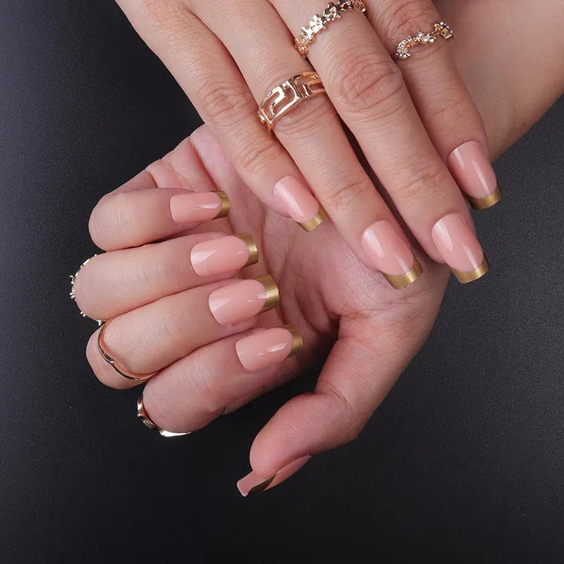 French Tip Press On Nails Medium Long Square Fake Nails Gold Edge Glossy False Nails For Women Daily Manicure Decorative