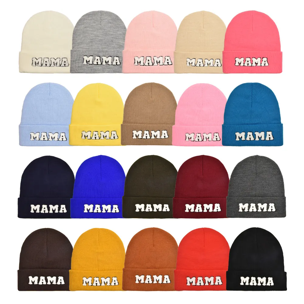 MAMA Letter Embroidery Knitted Beanie Hat Acrylic Solid Color Soft Warm Winter Cuffed Skull Cap For Women