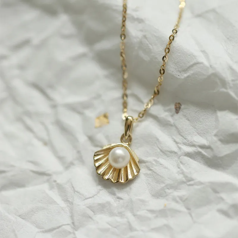 925 Sterling Silver Necklace With Shell Artificial Pearl Pendant 14K Gold Plated French Style Elegant Jewelry For Women