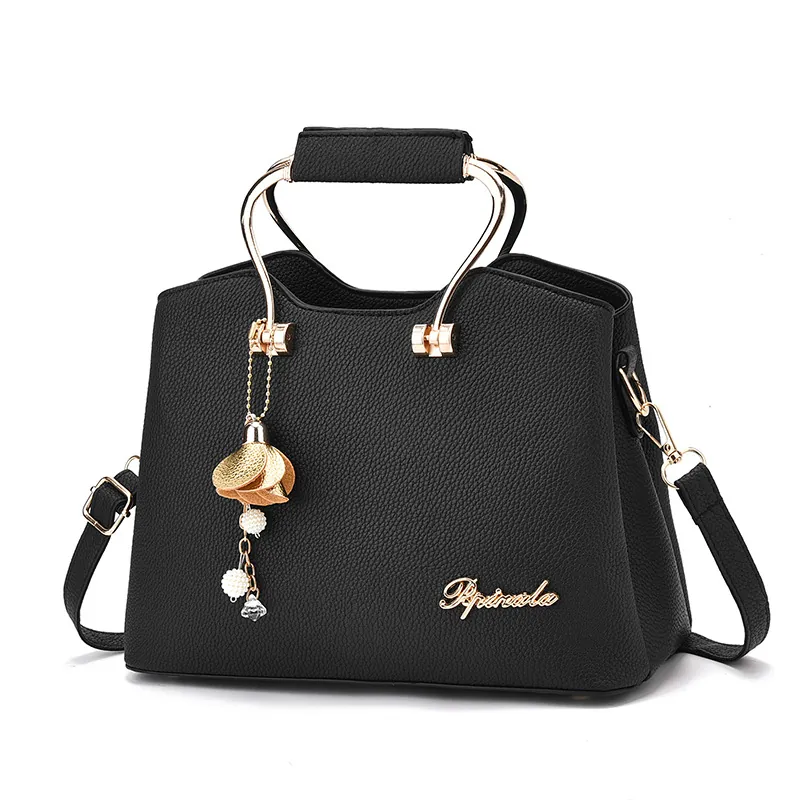 Women Handbag PU Leather Lychee Pattern Fashion Large Capacity Metal Handle Removable Shoulder Strap Flower Pendant