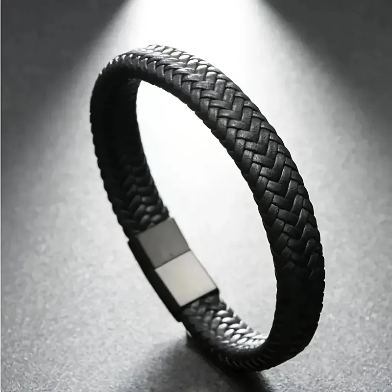 Woven Leather Bracelet With Magnetic Clasp Handmade Retro Minimalist Jewelry For Men