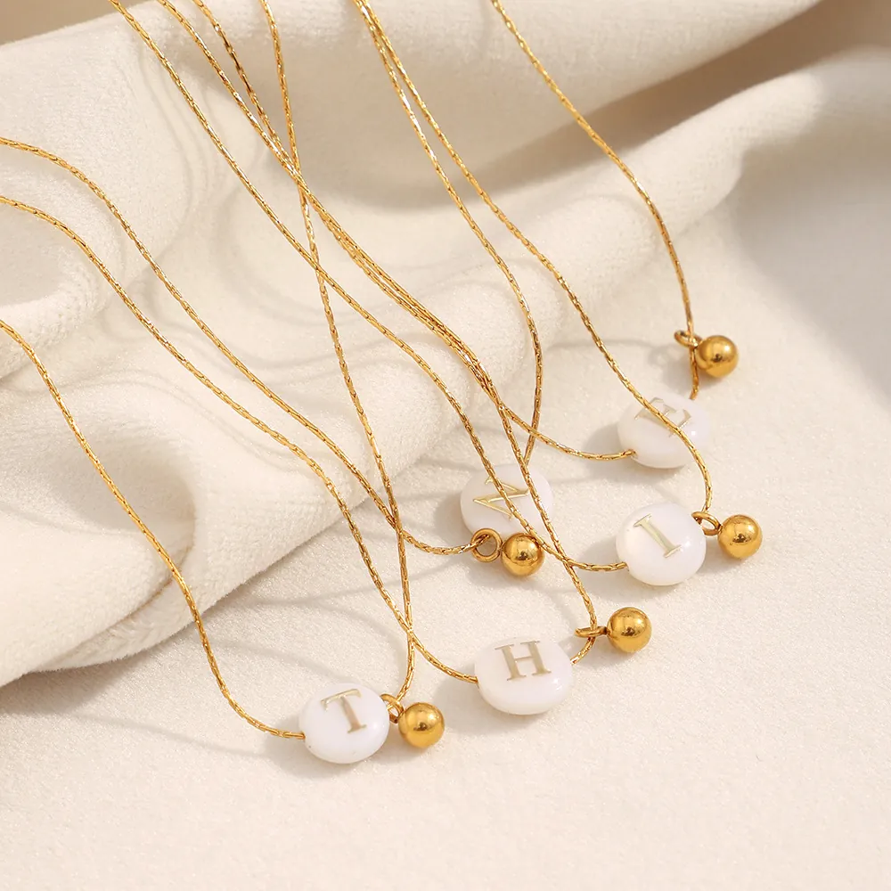 Initial Pendant Necklace Stainless Steel 18K Gold Plated White Round Bead Alphabet Charm Dainty For Women