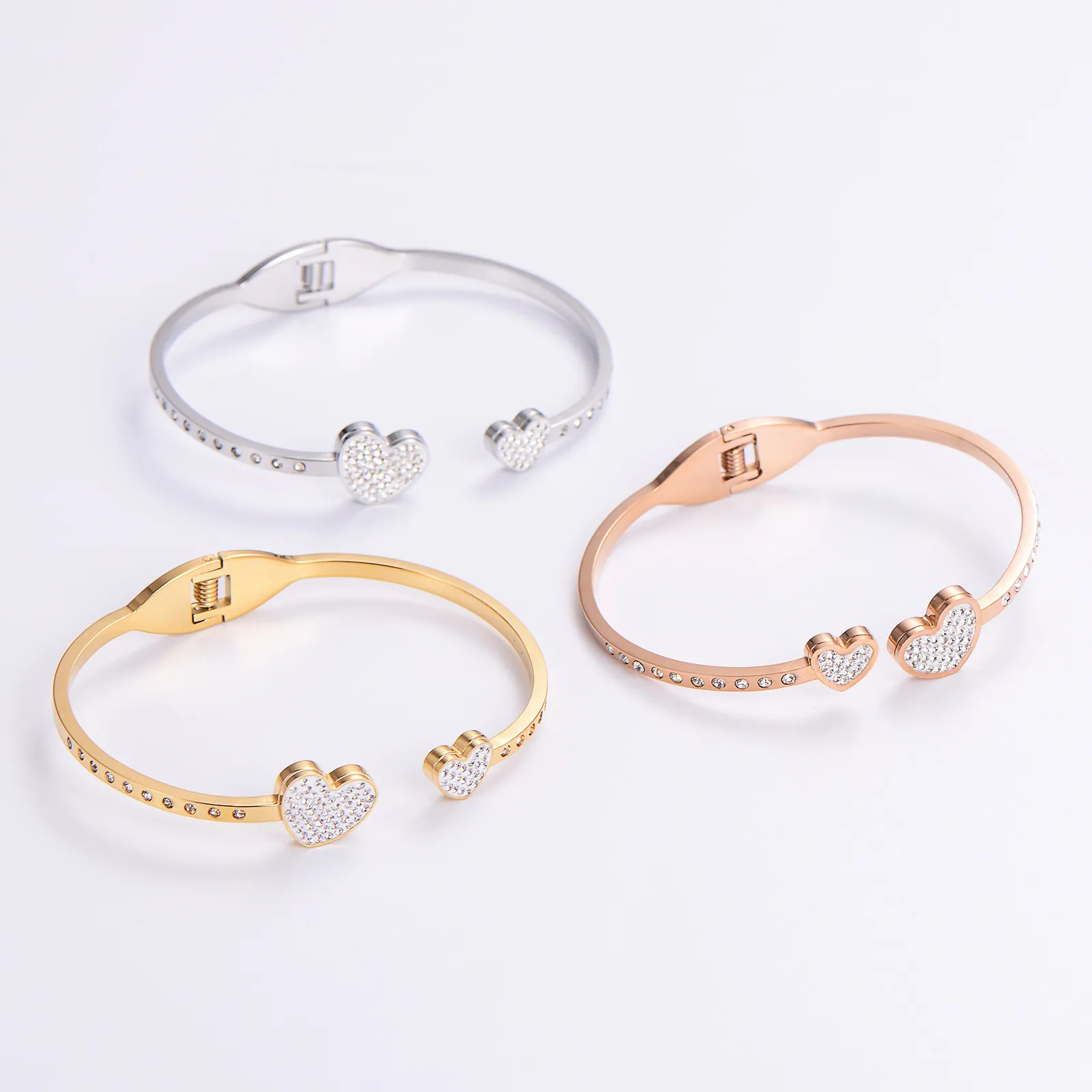Double Heart Open Cuff Bangle 304 Stainless Steel Bracelet With Rhinestones Sparkling Elegant Fashion Jewelry For Women