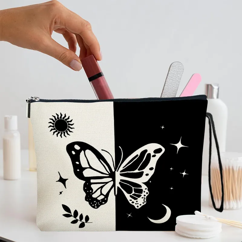 Butterfly Moon Star Print Cosmetic Bag Polyester Linen Toiletry Pouch Wrist Strap Women Travel Organizer