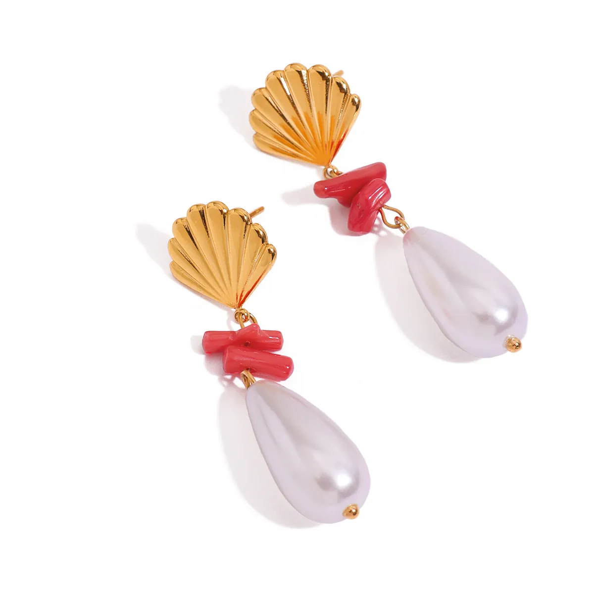 Shell Artificial Pearl Drop Earrings 18K Gold Plated Stainless Steel Faux Coral Summer Beach Style For Women Waterproof