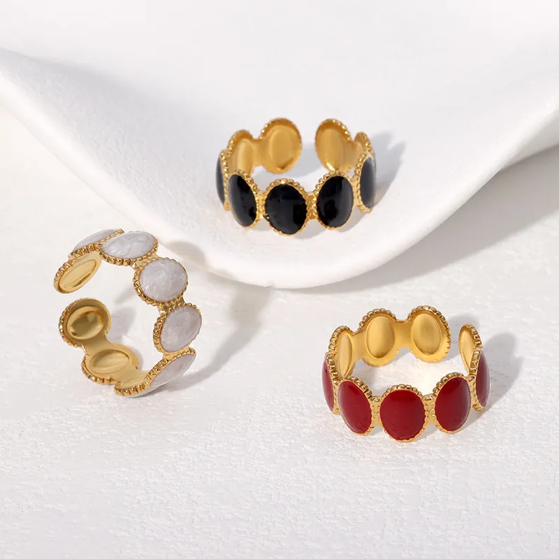 Bague Ajustable Ouverte En Acier Inoxydable Avec Émail Goutte D'huile Ovale Bord Perlé Bijoux De Luxe Pour Femme