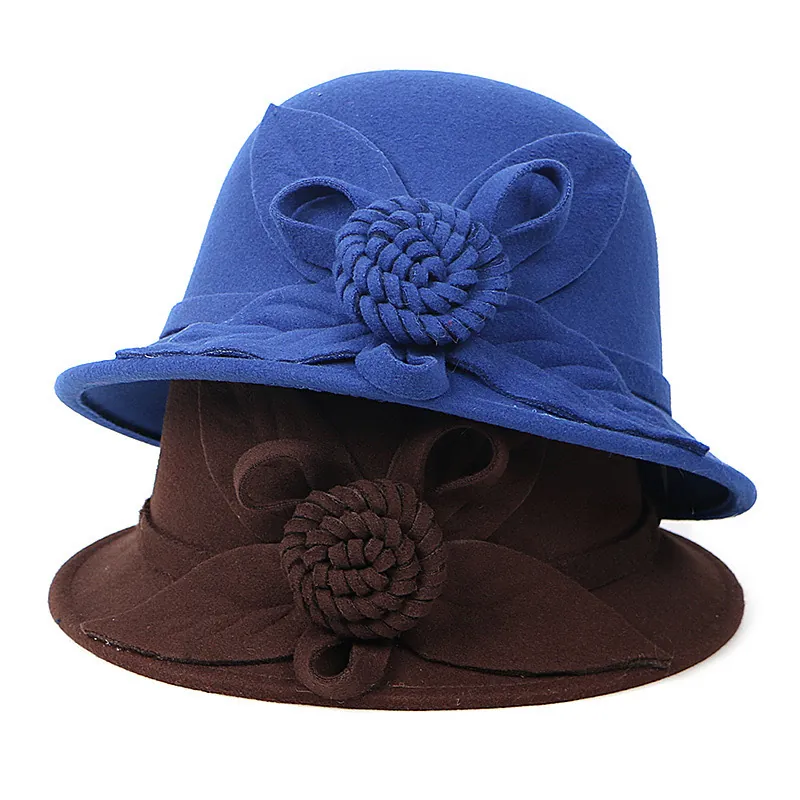 Vintage Women Woolen Cloche Hat Elegant Round Top Bowler Hat With 3D Floral Decoration Autumn Winter Warm Fedora Hat Accessory