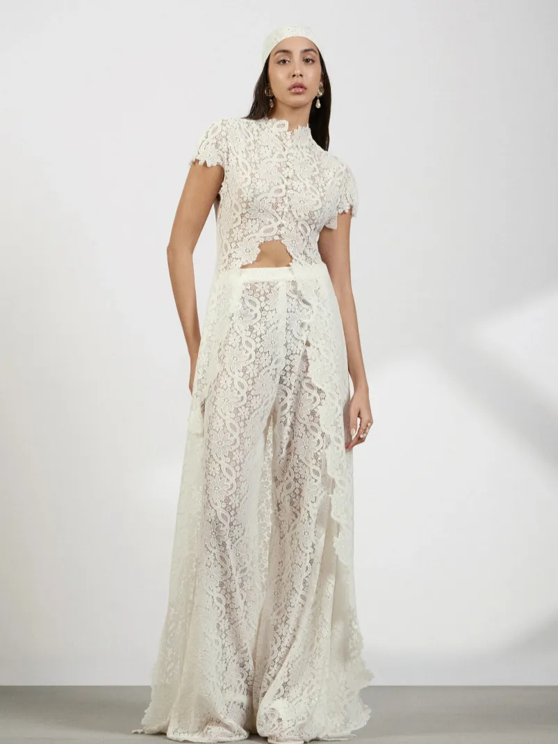 Floral Lace Hollow Out Short Sleeve Top And Wide Leg Trousers With Headscarf Vintage Vacation Style For Women