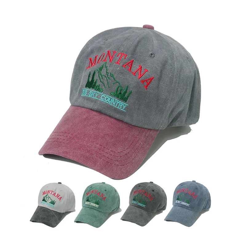 Vintage Washed Cotton Baseball Cap Mountain Peak Embroidery Distressed Retro Outdoor Sun Hat Adjustable Unisex