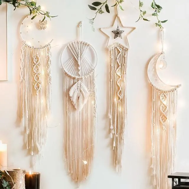 Handmade Macrame Dreamcatcher Wall Hanging Cotton Rope Bohemian Style Moon Star Owl Home Decor With Natural Stone