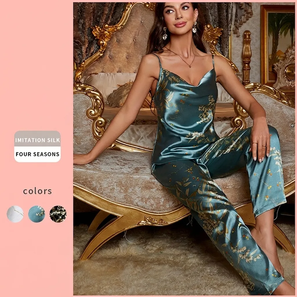 Women Floral Print Imitation Satin Pajama Cami Top And Long Pants Sleepwear Satin V Neck Elegant Loungewear