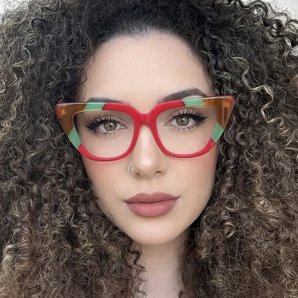 Cat Eye Eyeglasses Frame PC Anti Blue Light Filter Color Block Vintage Retro Oversized Eyewear For Women