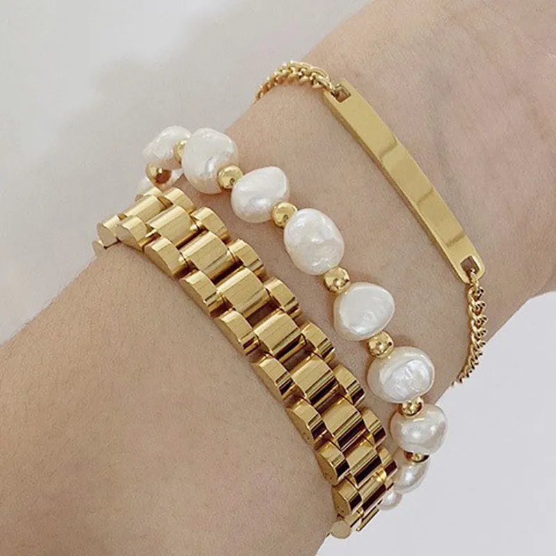 Stainless Steel Watchband Style Link Bracelet Polished Brushed Business Fashion Minimalist Jewelry For Women Men