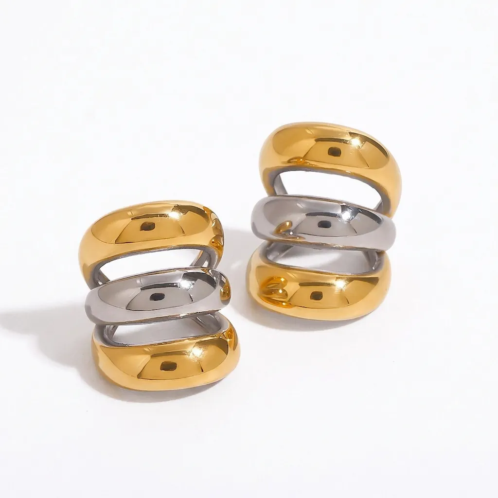 Dreilagige Ohrmanschette Edelstahl 18K Vergoldet Zweifarbig Geometrisch Minimalistisch Ohne Ohrenloch Clip Ohrringe Damen