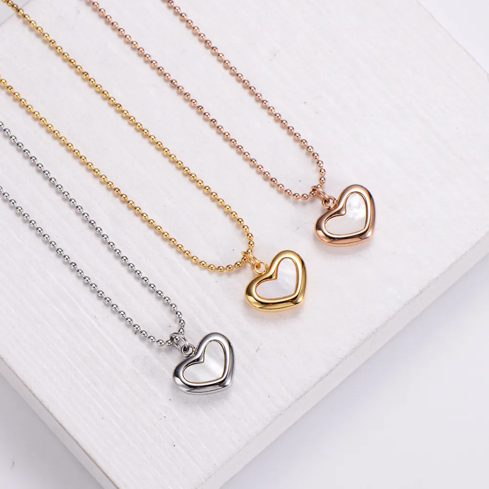 Collier Pendentif Coeur Acier Inoxydable Incrustation Nacre Blanche Bijoux Elegants Femmes Chaine A Billes