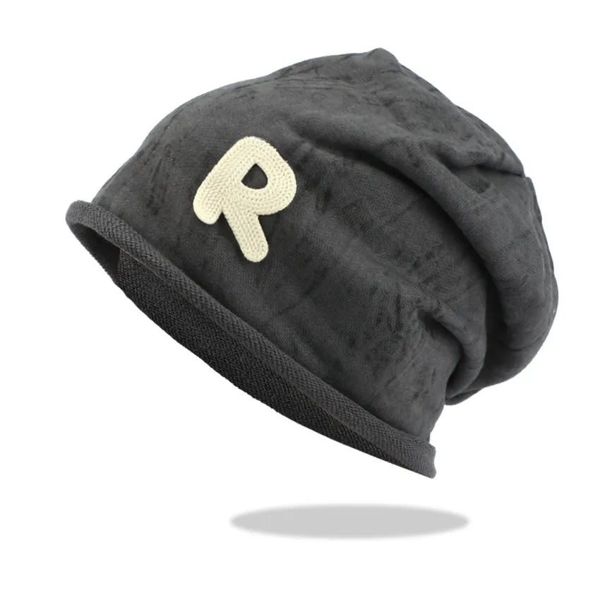 Bonnet En Maille Pour Femmes Bord Roulé Coton Lettre R Broderie Chaud Hiver Streetwear Tendance