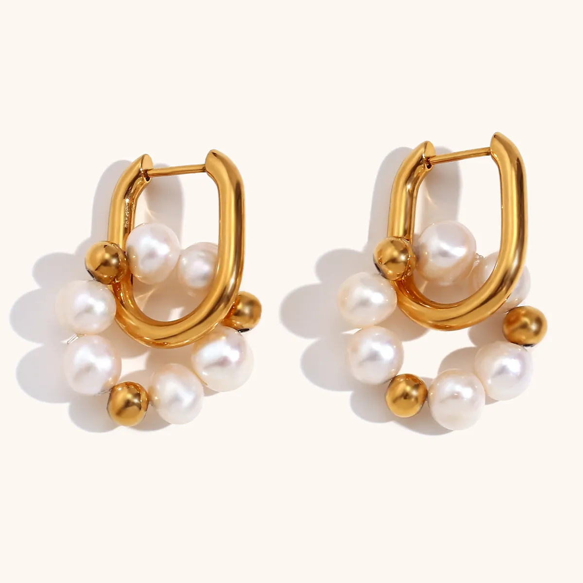 Freshwater Pearl U-Shaped Hoop Earrings 18K Gold Plated 316L Stainless Steel French Retro Fashion Jewelry For Women