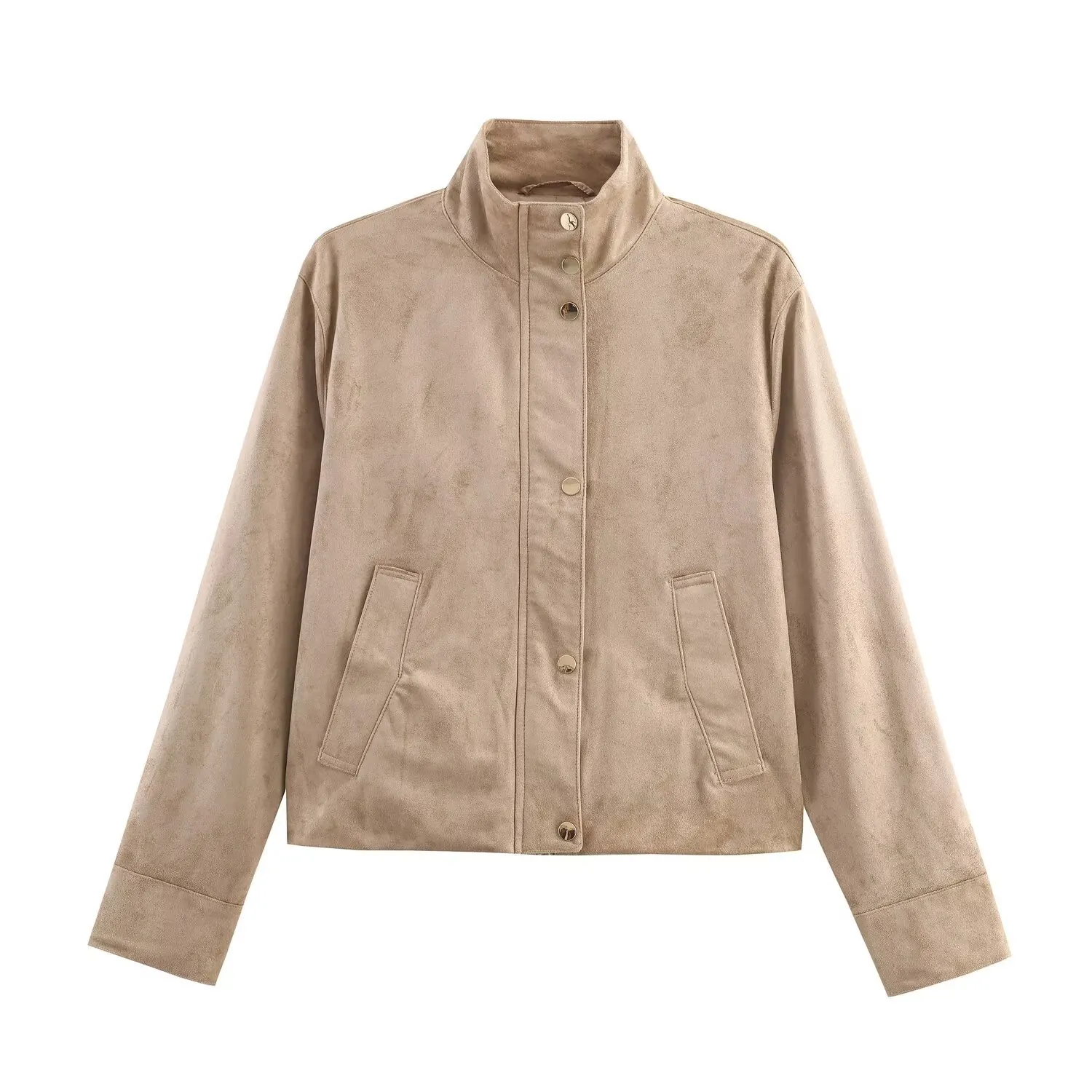 Women Faux Suede Jacket Stand Collar Solid Color Snap Button Casual Loose Outerwear Khaki