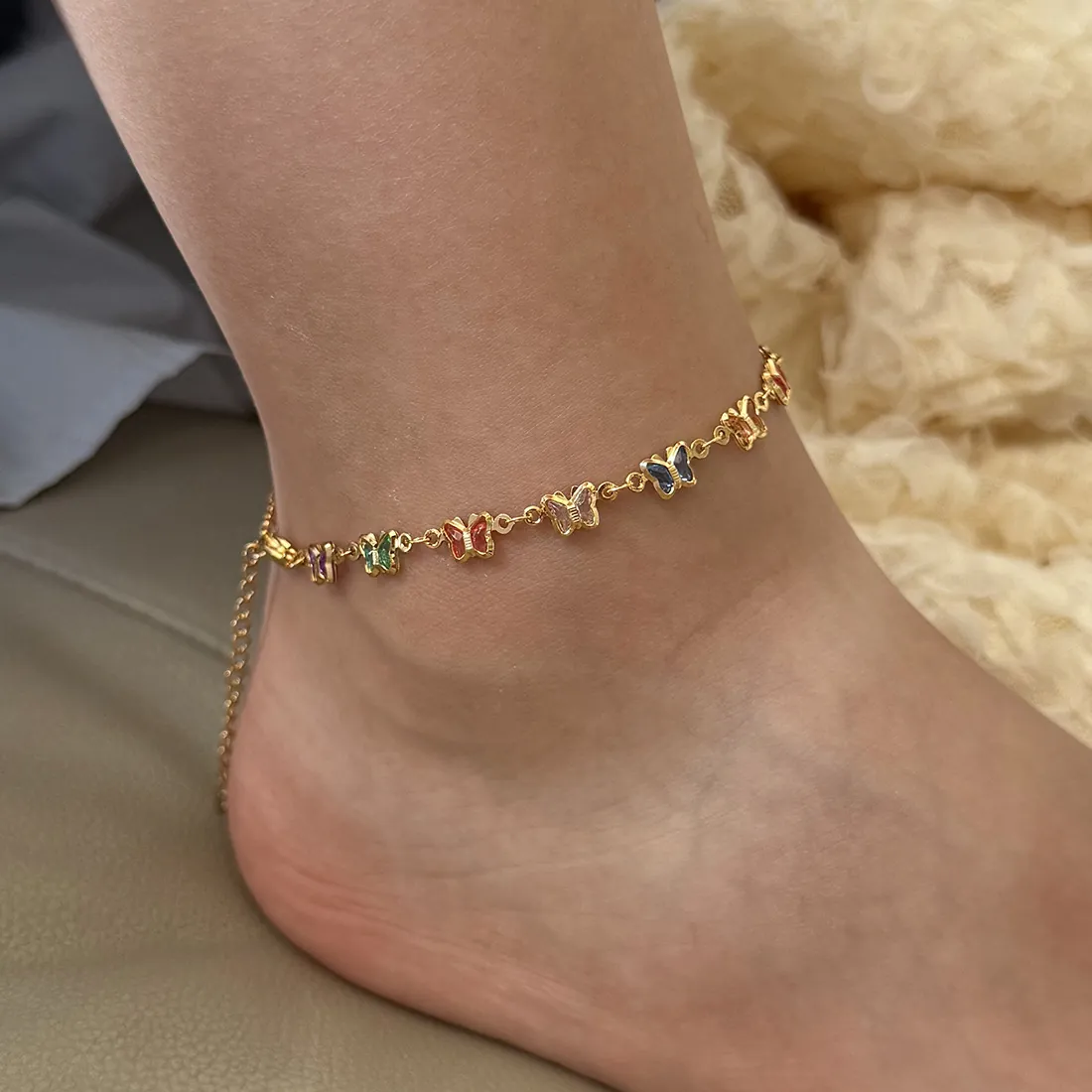 Fashion Gold Plated Copper Anklets With Colorful Enamel Heart Butterfly Lip Star Charms Summer Beach Jewelry For Women