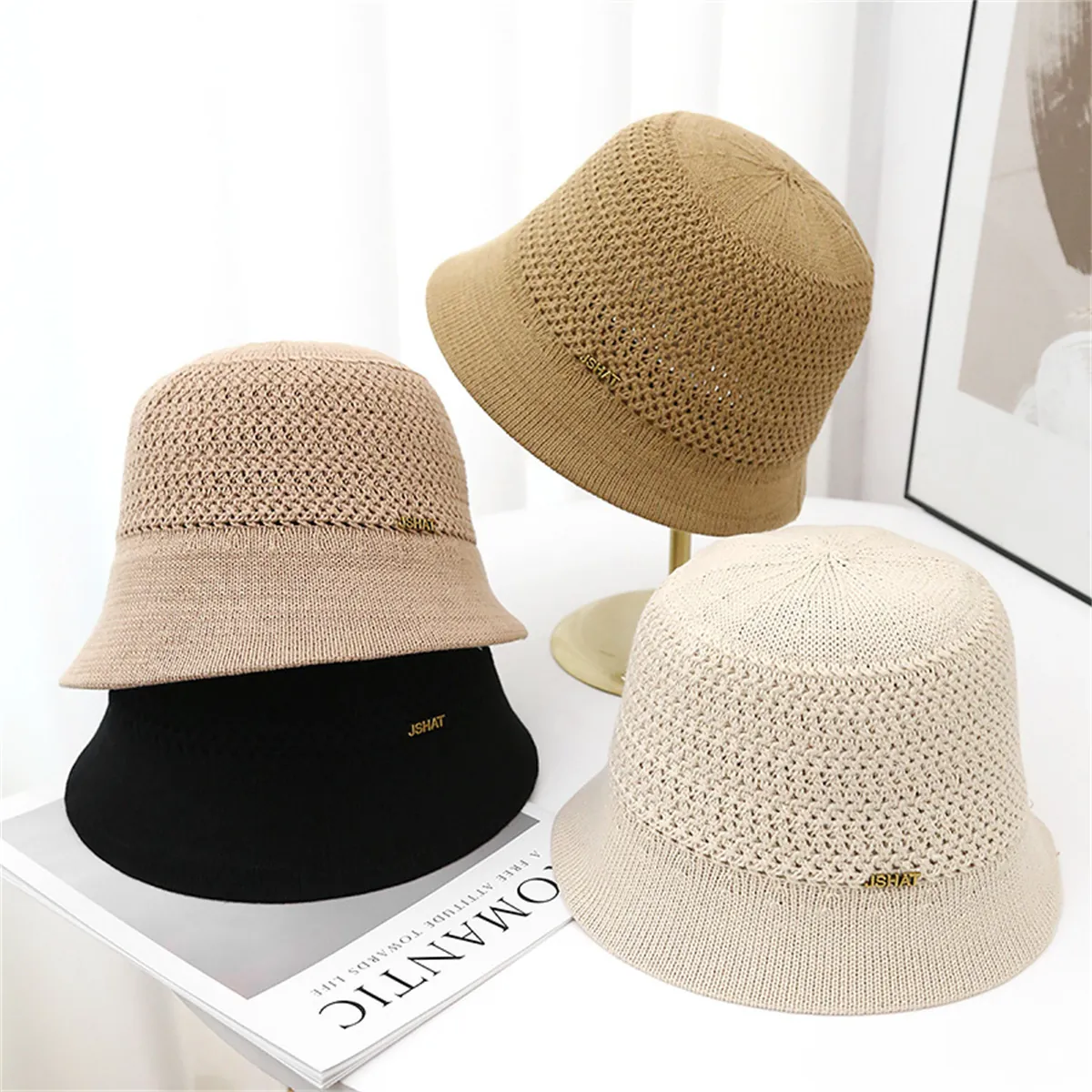 Women Crochet Knitted Bucket Hat Hollow Out Breathable Elegant Solid Color Casual Japanese Style Cloche Hat