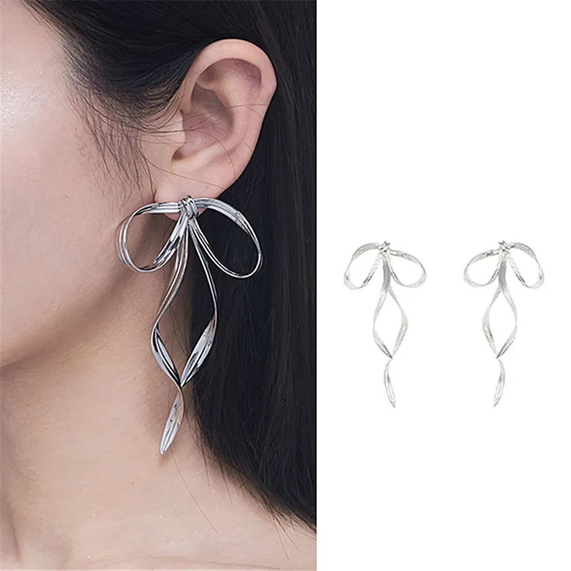 Fashion Alloy Bowknot Long Ribbon Drop Earrings With 925 Sterling Silver Post Electroplated Metal Dangle Earrings For Women