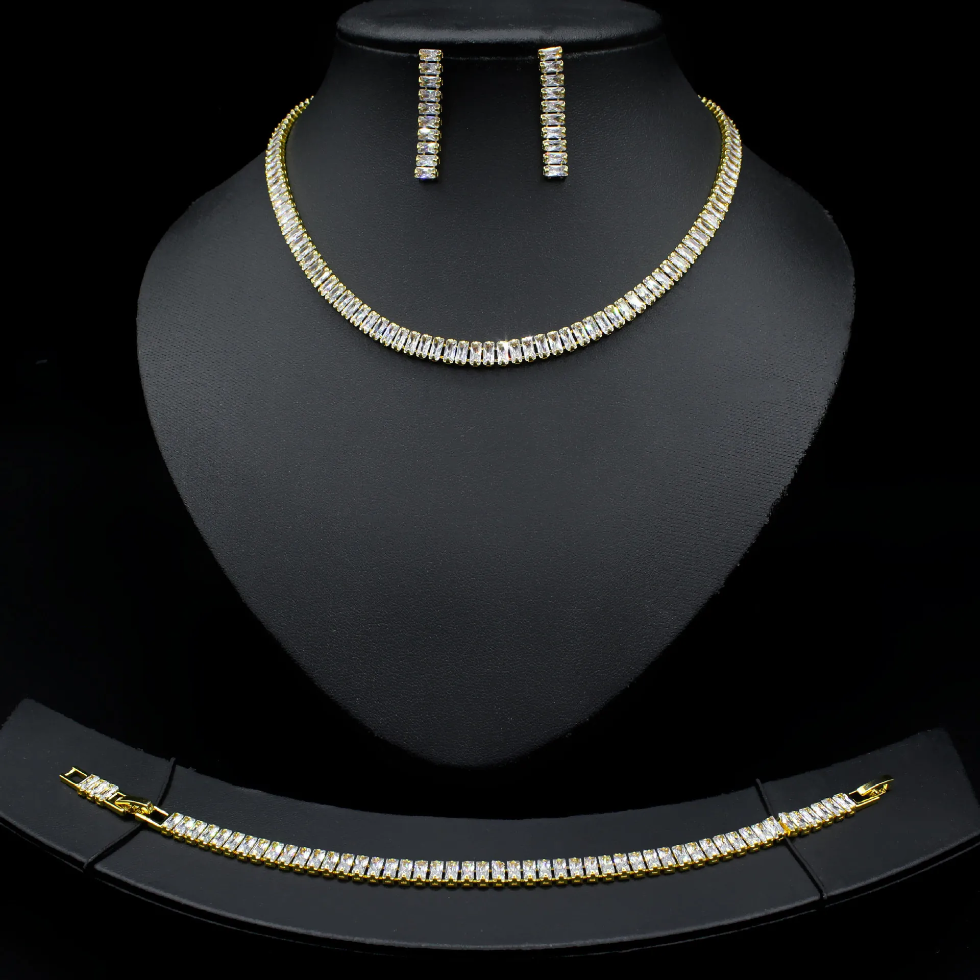 Copper Zircon Necklace Earrings Bracelet Jewelry Shiny Bridal Wedding Party Accessories For Women Silver Earring Post