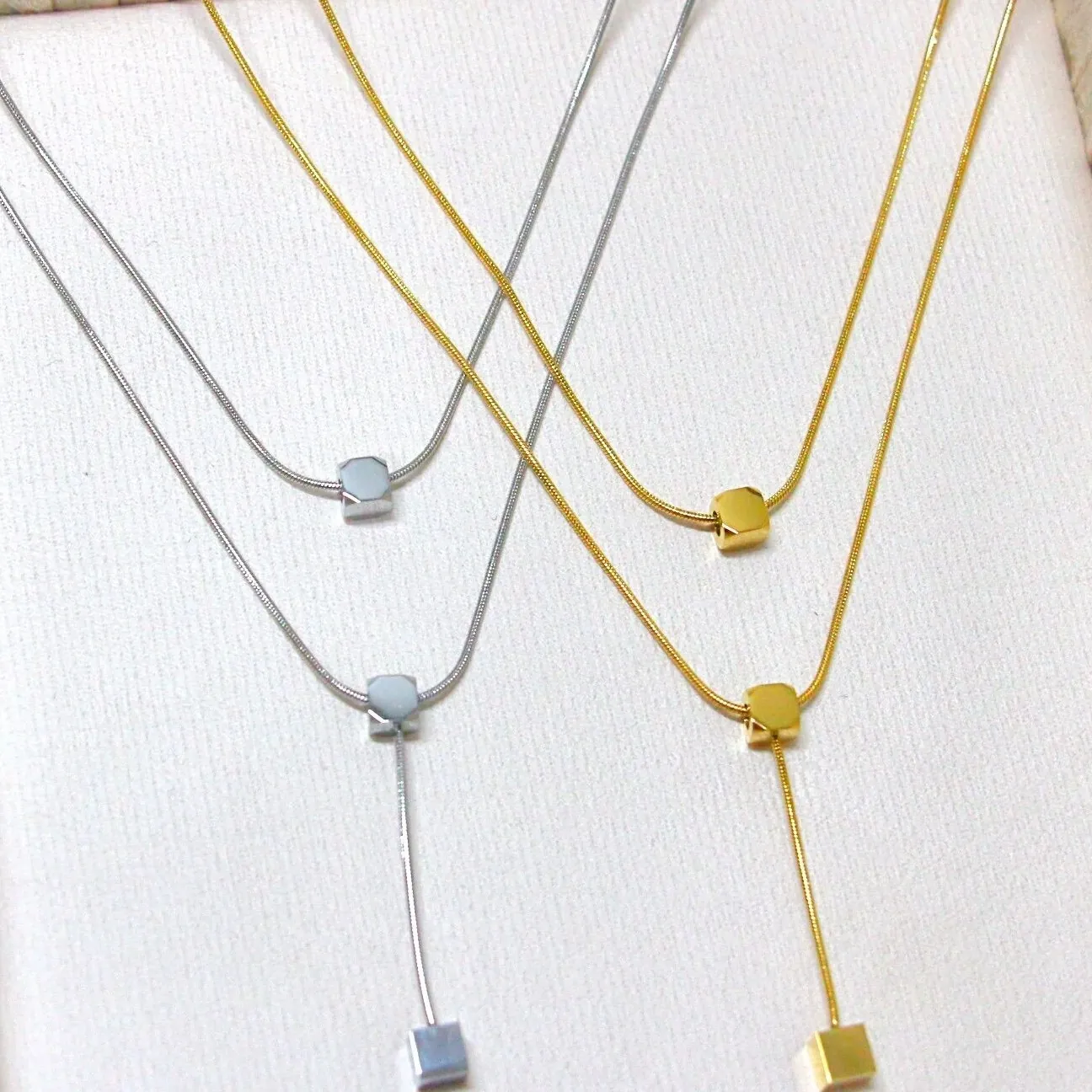 Minimalist Titanium Steel Layered Square Pendant Necklace For Women Gold Silver Plated Geometric Cube Snake Bone Chain Jewelry
