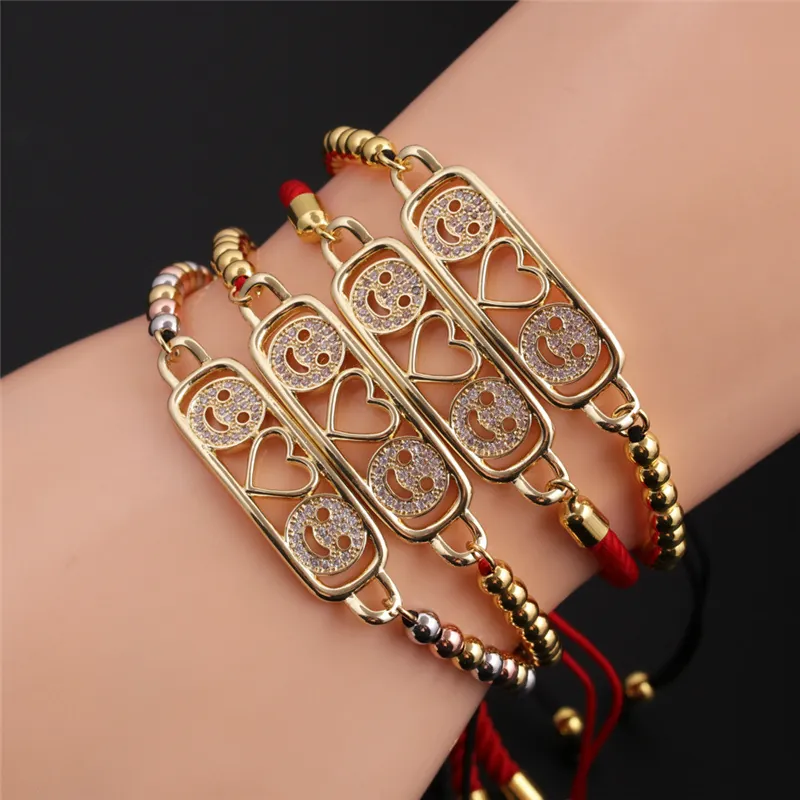 Verstellbares Smiley Herz Armband Kupfer Vergoldet Zirkonia Gewebtes Seil Glücksschmuck Damen
